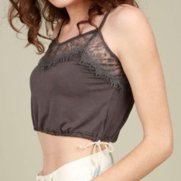 Charcoal Lace Contrast Crop Top - Picture 2 of 3